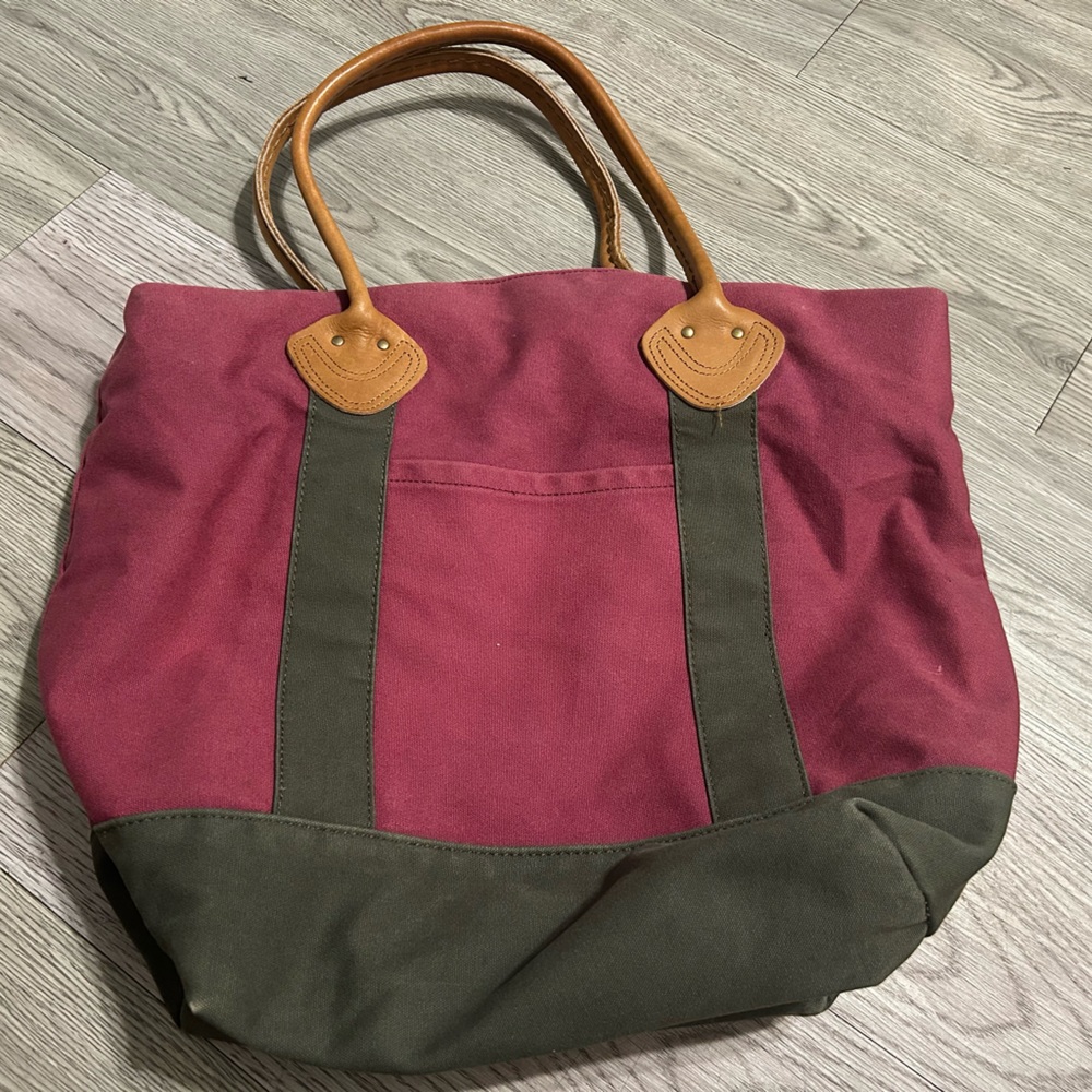 LL Bean Canvas Maroon Tote Bag w/ Leather Handles Plaid Lining